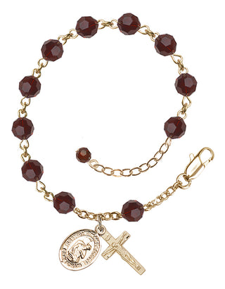 14kt Gold 6mm Austrian Crystal Bl. Herman the Cripple Rosary Bracelet in Garnet Engraved Catholic Saint Jewelry
