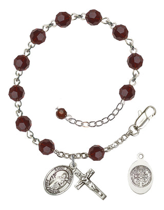 Sterling Silver 6mm Austrian Crystal Saint Benedict Rosary Bracelet in Garnet Engraved Catholic Saint Jewelry