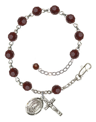Sterling Silver 6mm Austrian Crystal Saint Lazarus Rosary Bracelet in Garnet Engraved Catholic Saint Jewelry