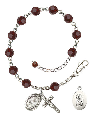 Sterling Silver 6mm Austrian Crystal Scapular Rosary Bracelet in Garnet Engraved Catholic Saint Jewelry
