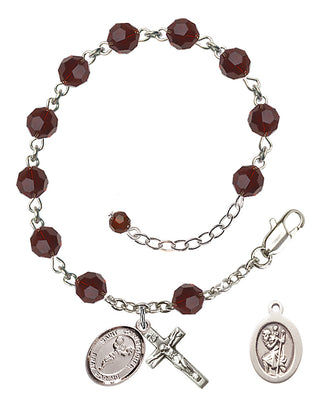 Adjustable Sterling Silver 6mm Austrian Crystal Saint Christopher/Cheerleading Rosary Bracelet in Garnet