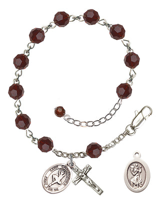 Sterling Silver 6mm Austrian Crystal Saint Christopher/Dance Rosary Bracelet in Garnet Engraved Catholic Saint Jewelry