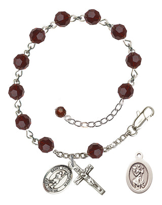 Adjustable Sterling Silver 6mm Austrian Crystal Saint Christopher/Lacrosse Rosary Bracelet in Garnet
