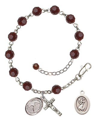 Adjustable Sterling Silver 6mm Austrian Crystal Saint Christopher/Softball Rosary Bracelet in Garnet