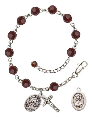 Adjustable Sterling Silver 6mm Austrian Crystal Saint Christopher/Basketball Rosary Bracelet in Garnet