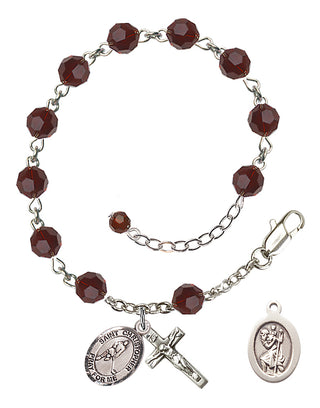 Adjustable Sterling Silver 6mm Austrian Crystal Saint Christopher/Ice Hockey Rosary Bracelet in Garnet