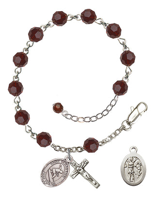 Adjustable Sterling Silver 6mm Austrian Crystal Saint Sebastian/Surfing Rosary Bracelet in Garnet