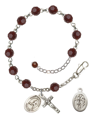 Adjustable Sterling Silver 6mm Austrian Crystal Saint Sebastian/Track & Field Rosary Bracelet in Garnet