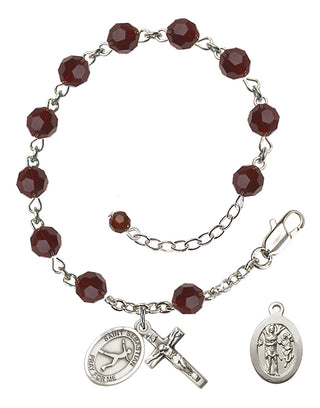 Adjustable Sterling Silver 6mm Austrian Crystal Saint Sebastian/Figure Skating Rosary Bracelet in Garnet