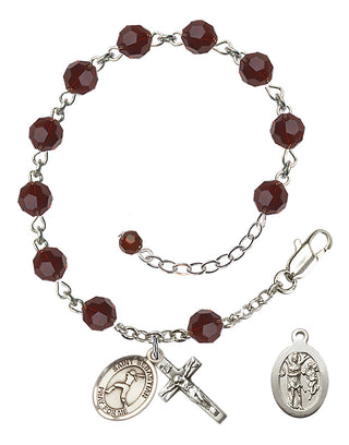 Sterling Silver 6mm Austrian Crystal Saint Sebastian/Softball Rosary Bracelet in Garnet Engraved Catholic Saint Jewelry
