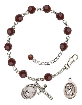 Adjustable Sterling Silver 6mm Austrian Crystal Saint Christopher / Fishing Rosary Bracelet in Garnet
