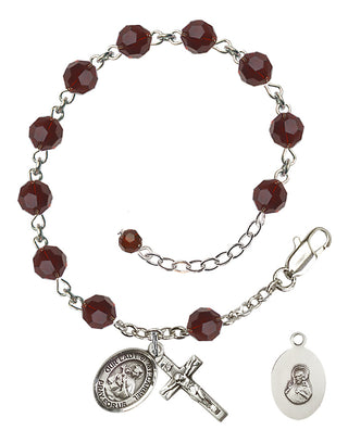 Adjustable Sterling Silver 6mm Austrian Crystal Our Lady of Mount Carmel Rosary Bracelet in Garnet