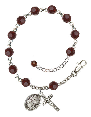 Sterling Silver 6mm Austrian Crystal Saint Gabriel Possenti Rosary Bracelet in Garnet Engraved Catholic Saint Jewelry