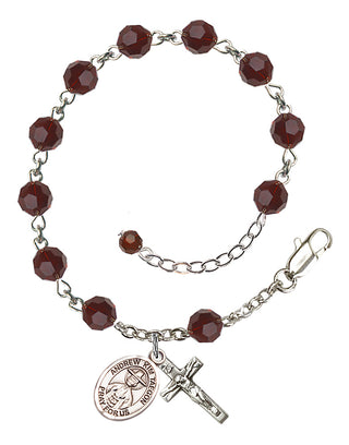 Sterling Silver 6mm Austrian Crystal Saint Andrew Kim Taegon Rosary Bracelet in Garnet Engraved Catholic Saint Jewelry