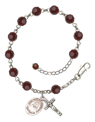 Sterling Silver 6mm Austrian Crystal Saint Pauline Visintainer Rosary Bracelet in Garnet Engraved Catholic Saint Jewelry