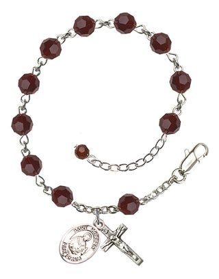 Sterling Silver 6mm Austrian Crystal Saint Norbert of Xanten Rosary Bracelet in Garnet Engraved Catholic Saint Jewelry