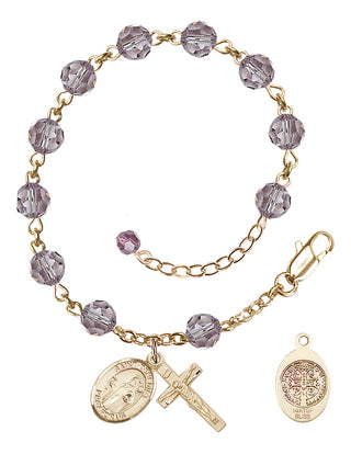 14kt Gold-Filled 6mm Austrian Crystal Saint Benedict Rosary Bracelet in Light Amethyst Engraved Catholic Saint Jewelry