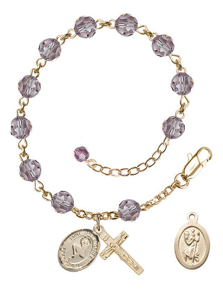 14kt Gold-Filled 6mm Austrian Crystal Saint Christopher/Dance Rosary Bracelet in Light Amethyst Engraved Catholic Saint Jewelry