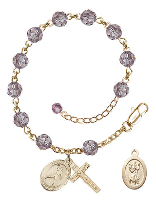 Adjustable 14 Karat Gold-Filled 6mm Austrian Crystal Saint Christopher/Football Rosary Bracelet in Light Amethyst