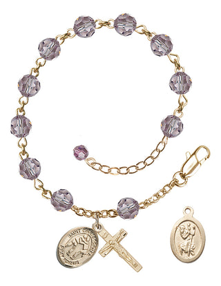 Adjustable 14 Karat Gold-Filled 6mm Austrian Crystal Saint Christopher/Wrestling Rosary Bracelet in Light Amethyst