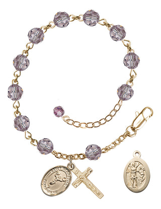 Adjustable 14 Karat Gold-Filled 6mm Austrian Crystal Saint Sebastian/Cheerleading Rosary Bracelet in Light Amethyst