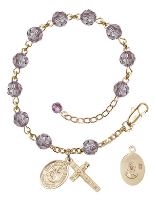 Adjustable 14 Karat Gold-Filled 6mm Austrian Crystal Our Lady of Mount Carmel Rosary Bracelet in Light Amethyst