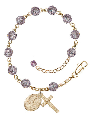 14kt Gold-Filled 6mm Austrian Crystal Saint Finnian of Clonard Rosary Bracelet in Light Amethyst Engraved Catholic Saint Jewelry
