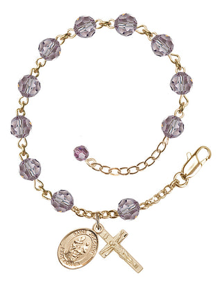 14kt Gold-Filled 6mm Austrian Crystal Saint Joachim Rosary Bracelet in Light Amethyst Engraved Catholic Saint Jewelry