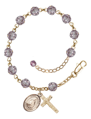 14kt Gold-Filled 6mm Austrian Crystal Saint Theodora Rosary Bracelet in Light Amethyst Engraved Catholic Saint Jewelry