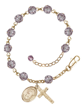 14kt Gold 6mm Austrian Crystal Saint Brendan the Navigator Rosary Bracelet in Light Amethyst Engraved Catholic Saint Jewelry