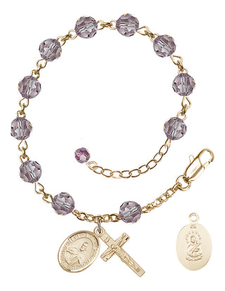 14kt Gold 6mm Austrian Crystal Scapular Rosary Bracelet in Light Amethyst Engraved Catholic Saint Jewelry