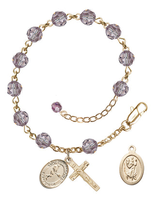 Adjustable 14 Karat Gold 6mm Austrian Crystal Saint Christopher/Tennis Rosary Bracelet in Light Amethyst