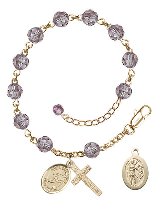 Adjustable 14 Karat Gold 6mm Austrian Crystal Saint Sebastian/Soccer Rosary Bracelet in Light Amethyst