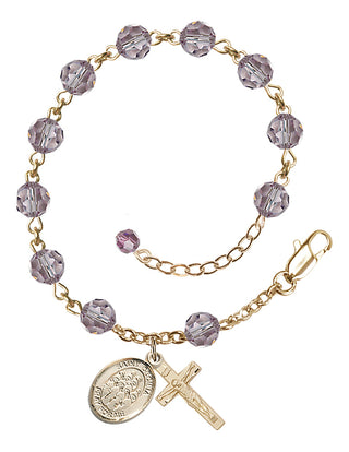 14kt Gold 6mm Austrian Crystal Saint Cecilia / Choir Rosary Bracelet in Light Amethyst Engraved Catholic Saint Jewelry