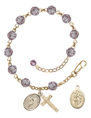 Adjustable 14 Karat Gold 6mm Austrian Crystal Saint Sebastian / Archery Rosary Bracelet in Light Amethyst