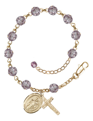 14kt Gold 6mm Austrian Crystal Saint Wolfgang Rosary Bracelet in Light Amethyst Engraved Catholic Saint Jewelry