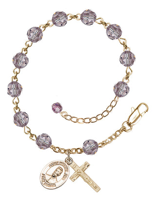 14kt Gold 6mm Austrian Crystal Bl. Miguel Pro Rosary Bracelet in Light Amethyst Engraved Catholic Saint Jewelry