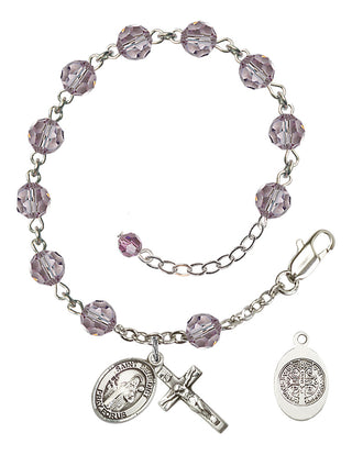 Sterling Silver 6mm Austrian Crystal Saint Benedict Rosary Bracelet in Light Amethyst Engraved Catholic Saint Jewelry