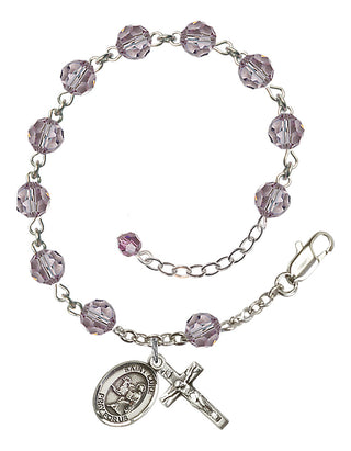 Sterling Silver 6mm Austrian Crystal Saint Luke the Apostle Rosary Bracelet in Light Amethyst Engraved Catholic Saint Jewelry