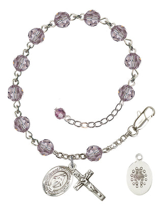 Sterling Silver 6mm Austrian Crystal Miraculous Rosary Bracelet in Light Amethyst Engraved Catholic Saint Jewelry