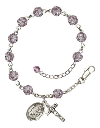 Sterling Silver 6mm Austrian Crystal Saint Jerome Rosary Bracelet in Light Amethyst Engraved Catholic Saint Jewelry