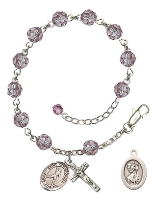 Adjustable Sterling Silver 6mm Austrian Crystal Saint Christopher/Football Rosary Bracelet in Light Amethyst