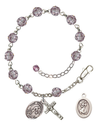 Adjustable Sterling Silver 6mm Austrian Crystal Saint Christopher/Basketball Rosary Bracelet in Light Amethyst