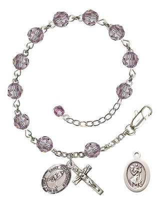 Adjustable Sterling Silver 6mm Austrian Crystal Saint Christopher/Ice Hockey Rosary Bracelet in Light Amethyst