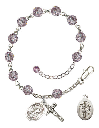 Adjustable Sterling Silver 6mm Austrian Crystal Saint Sebastian/Soccer Rosary Bracelet in Light Amethyst