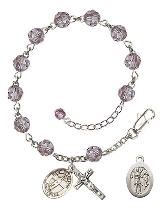 Adjustable Sterling Silver 6mm Austrian Crystal Saint Sebastian / Volleyball Rosary Bracelet in Light Amethyst