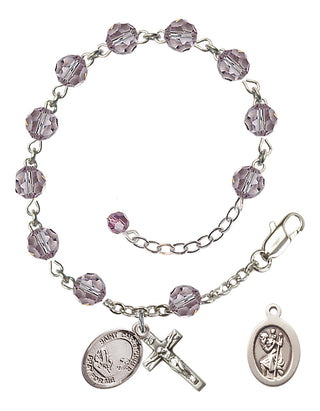Adjustable Sterling Silver 6mm Austrian Crystal Saint Christopher / Fishing Rosary Bracelet in Light Amethyst