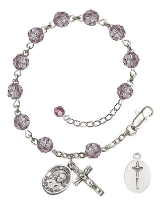 Adjustable Sterling Silver 6mm Austrian Crystal Saint John Paul II Rosary Bracelet in Light Amethyst