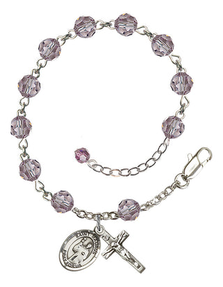 Sterling Silver 6mm Austrian Crystal Saint Maurus Rosary Bracelet in Light Amethyst Engraved Catholic Saint Jewelry