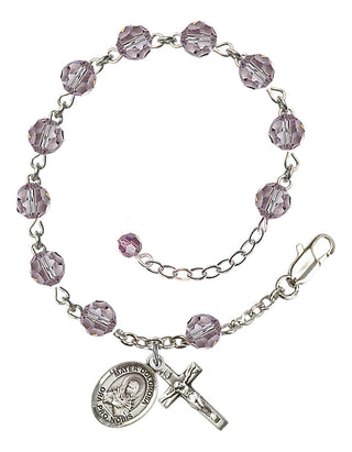 Sterling Silver 6mm Austrian Crystal Mater Dolorosa Rosary Bracelet in Light Amethyst Engraved Catholic Saint Jewelry